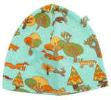 bio kinderkleidung Jersey Mütze von OKOMOi bunt mit Fuchs Muster aus Biobaumwolle