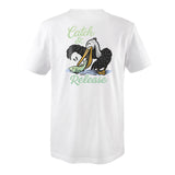 schönes unisex shirt aus Bio Baumwolle als Geschenk für ANgler und Fischer mit Pelikanmotiv Catch und Release bzw auf der Brust Catch and Cook von Oliver Landgraf