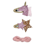 Haarspangen 3er Set Glitzer EINHORN, STERN und Schleife