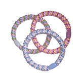 Gewebter Haargummi wie Knekki zweifarbig gestrickt bunt rosa blau