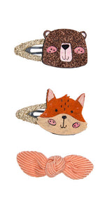 Haarspangen 3er Set Glitzer FUCHS, BÄR und Schleife