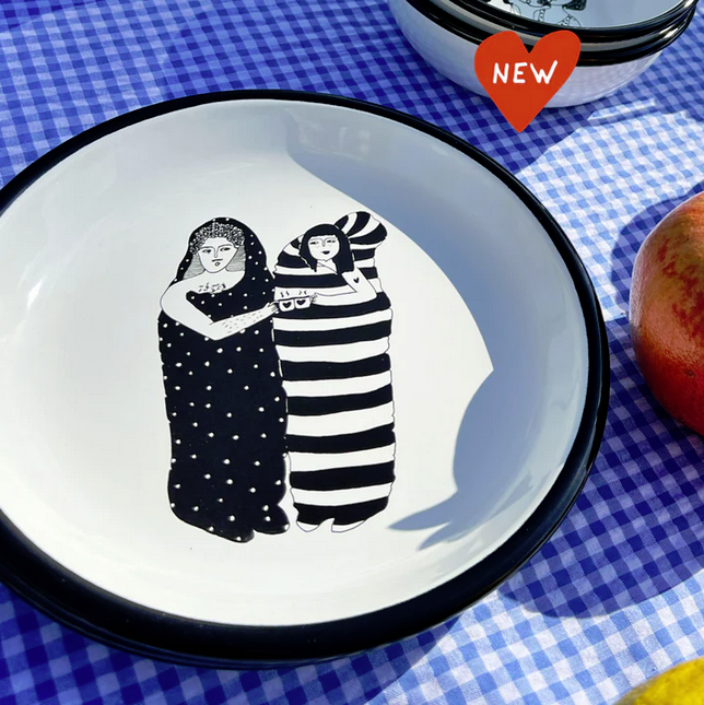 Illustrierter Emaille Teller Schlafsack Couple Dots and Stripes