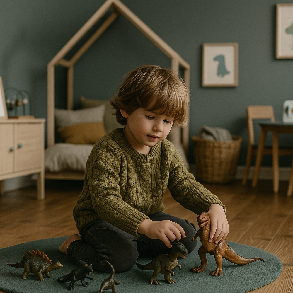 ein kleiner junge spielt mit dinosaurier spielzeug