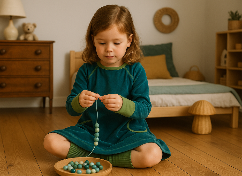 ein mädchen im okomoi bio samt nicki kleid fädelt holzperlen auf. ein schönes Spielzeug!